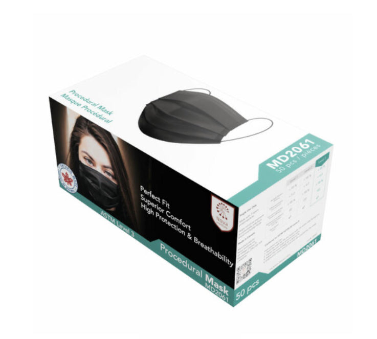 BLACK  Level 3 Medical Mask.Made in Canada.50pc/box
