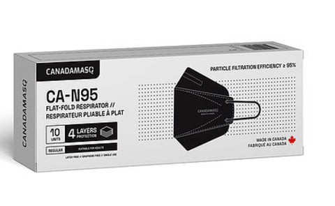 N95 FLAT-3FOLD MASKS.4 layers. 10pc/pack.Made in Canada - Large/Medium/XSmall.. Black/white.